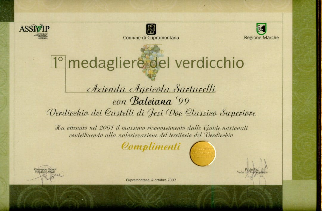 Balciana Sartarelli 1999 - 1° Medagliere del Verdicchio 2002